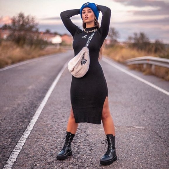 Kangol X H&M Womens L Black Long Sleeves Embroidered Ribbed Knit Bodycon Dress - Picture 2 of 13